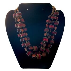 Vintage Boho, Multi-Strand, Wooden Brown and Red Beads, and Gold Beaded Necklace